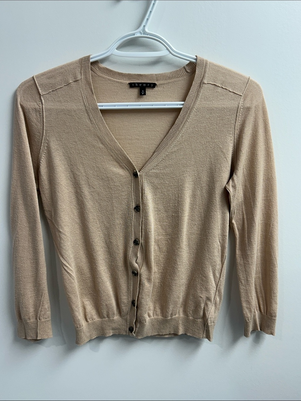 Theory Tan V-Neck Button Cardigan Sweater